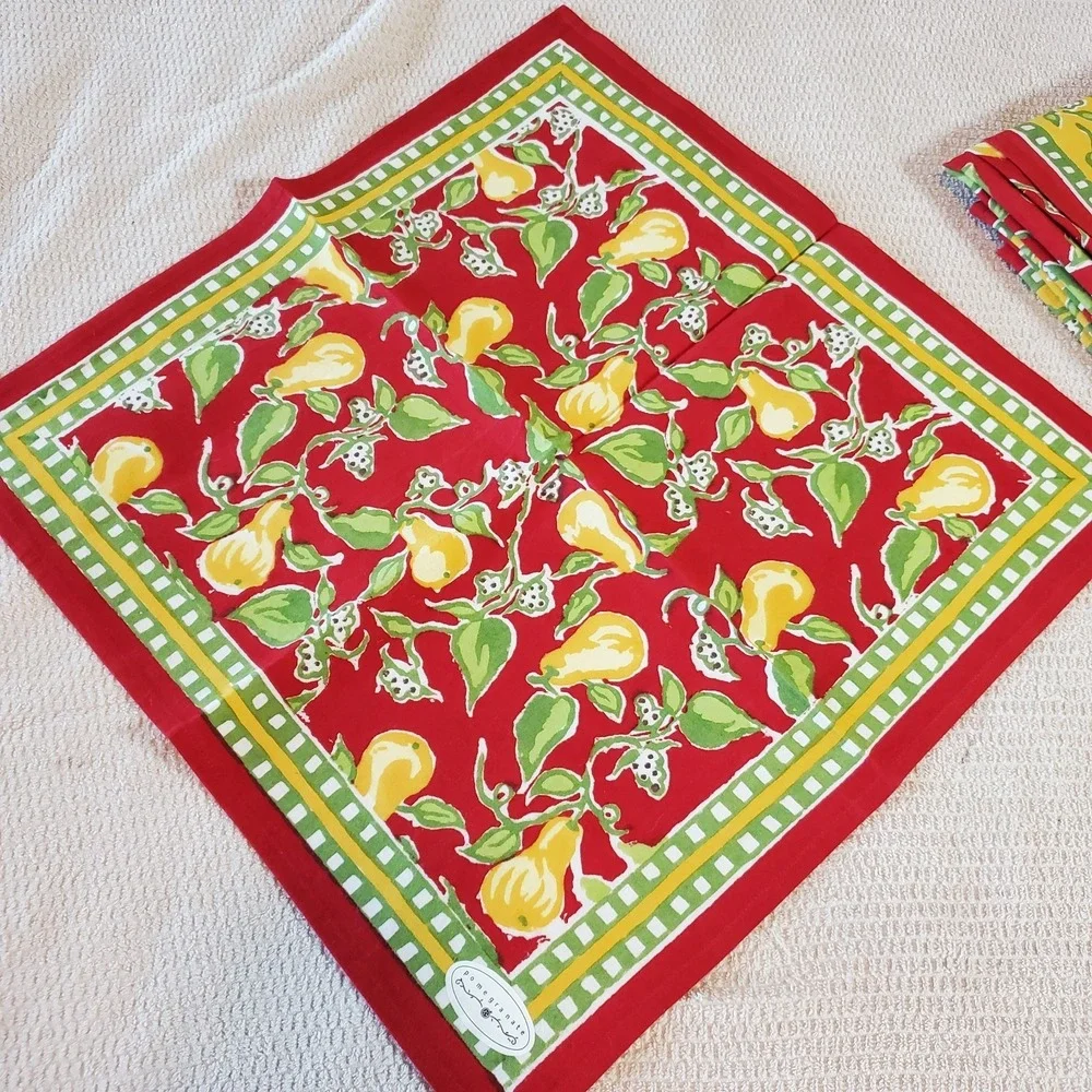 Pomegranate Tablecloth‎ 100% Cotton Red With Yellow Pears 60x90 & Napkin (1)